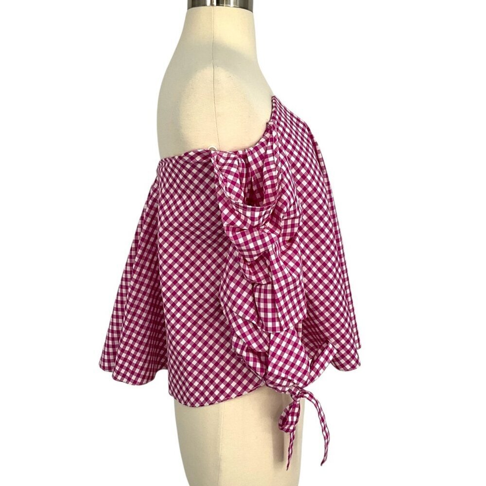 Caroline Constas Pink Gingham Plaid Gabriella Blouse Size XS Off Shoulders - Picture 6 of 11